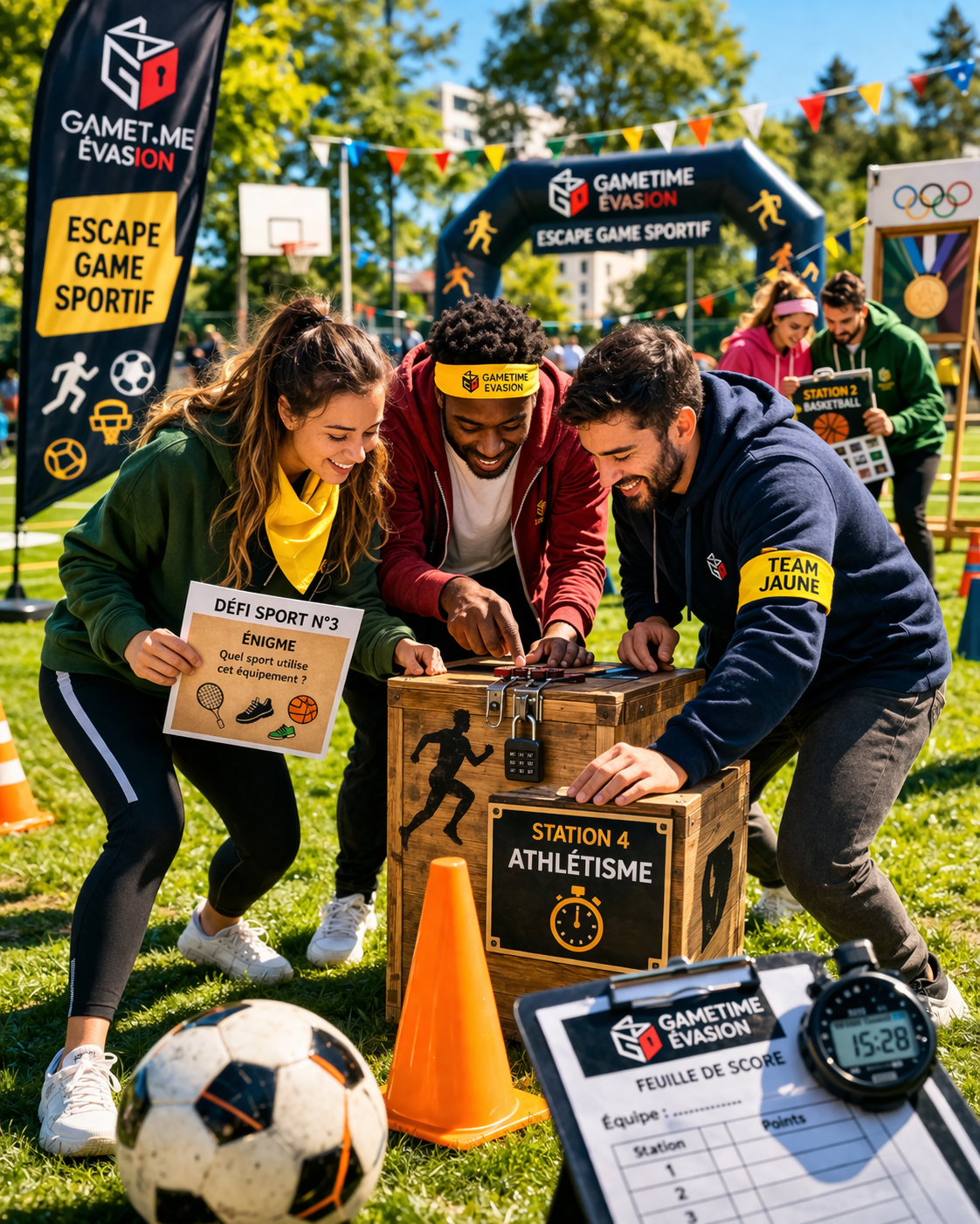 cet escape game sportif est conçu pour accueillir jusqu'à 200 personnes en même temps, avec une formule en entrée continue sur une large plage horaire.